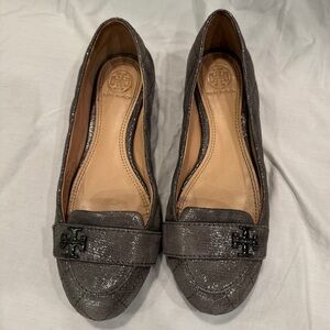 Tory Burch Leila Quilted Metallic Shimmer Loafers in the color metallic pewter